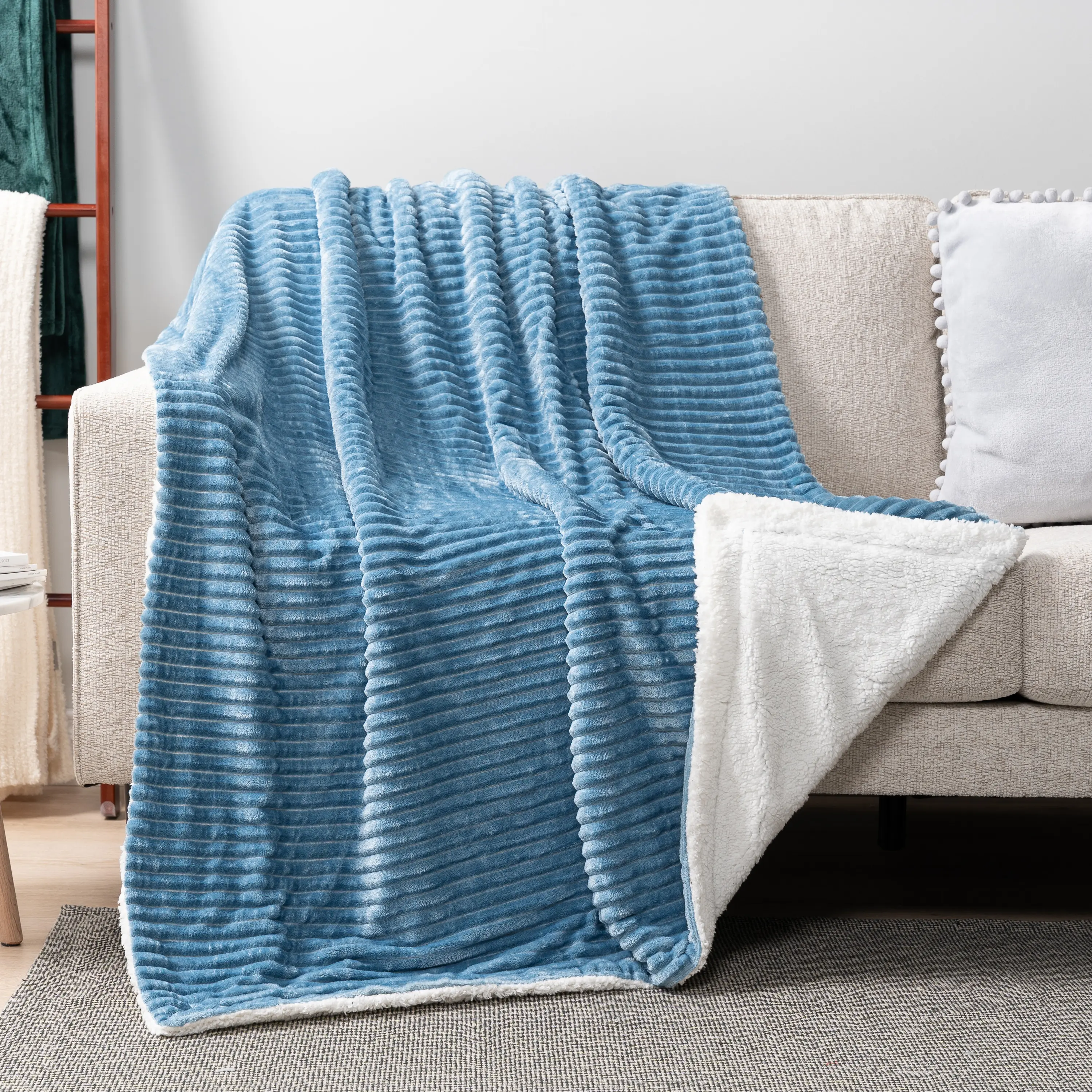 PAVILIA Sherpa Fleece Throw Blanket for Couch, Soft Plush Fuzzy Blankets, Fluffy Flannel Sherpa Blanket for Sofa, Warm 3D Ribbed Winter Blanket Gift