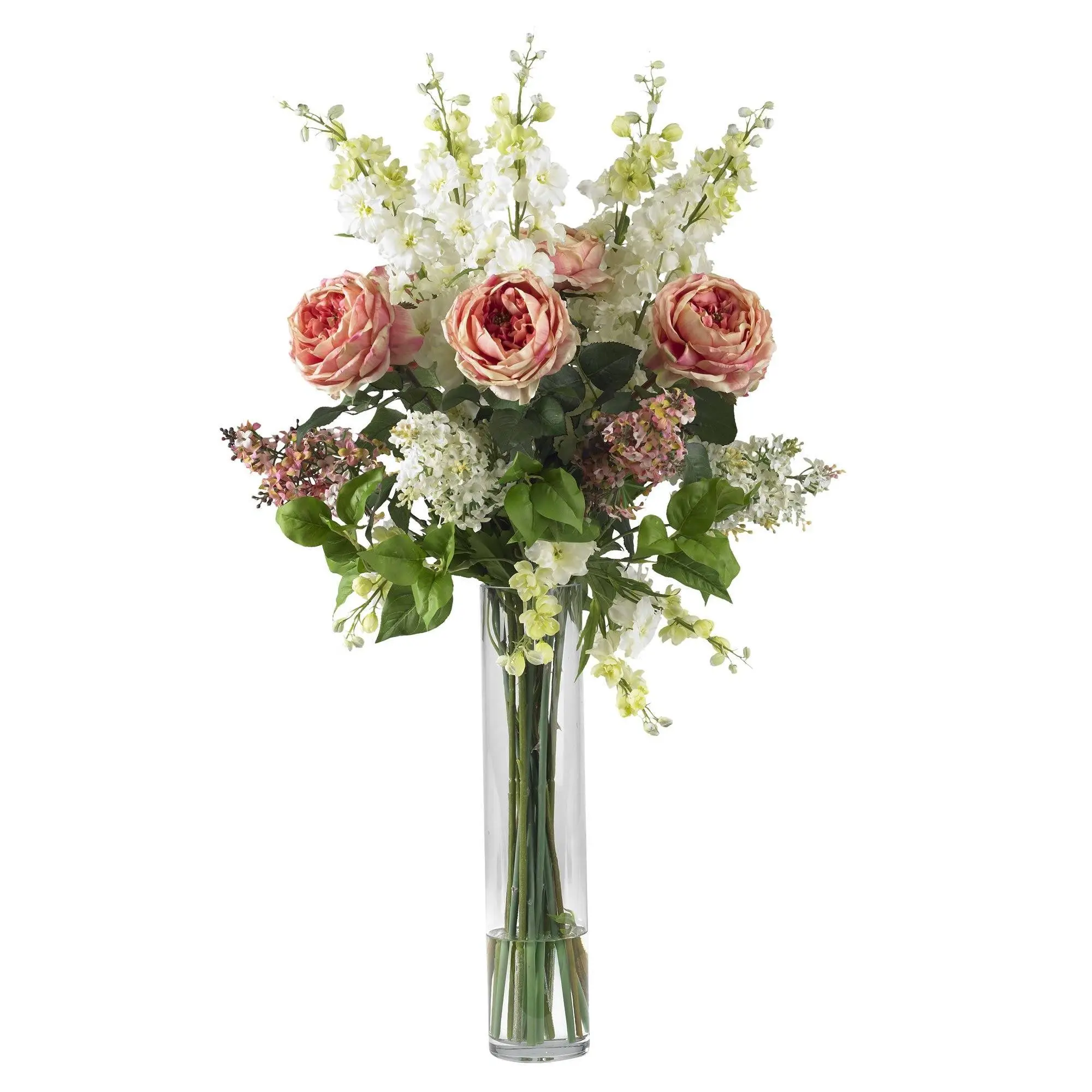 18 in Synthetic Artificial Pink Flower Arrangement with Roses, Delphiniums, Lilacs - Glass Vase Included, Home Decor Floral Accent for Warm Weather Celebrations, Home Supplies Faux Flowers