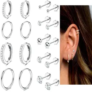 FIBO STEEL 9 Pairs Huggie Hoop & CZ Stud Earrings Set for Women 14K Gold Plated Hypoallergenic Multiple Piercing Lobe Helix Cartilage Earrings