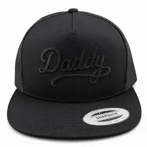 Yupoong Unisex Daddy Snapback Hat, Black Fabric with Bold Black Script Embroidery, Breathable Sides, Flat Brim, Playful Fashion Accessory, Embroidered Baseball Cap, Funny Dad Hat Premium Fitted Cap Dad Style Cap High Quality Hat