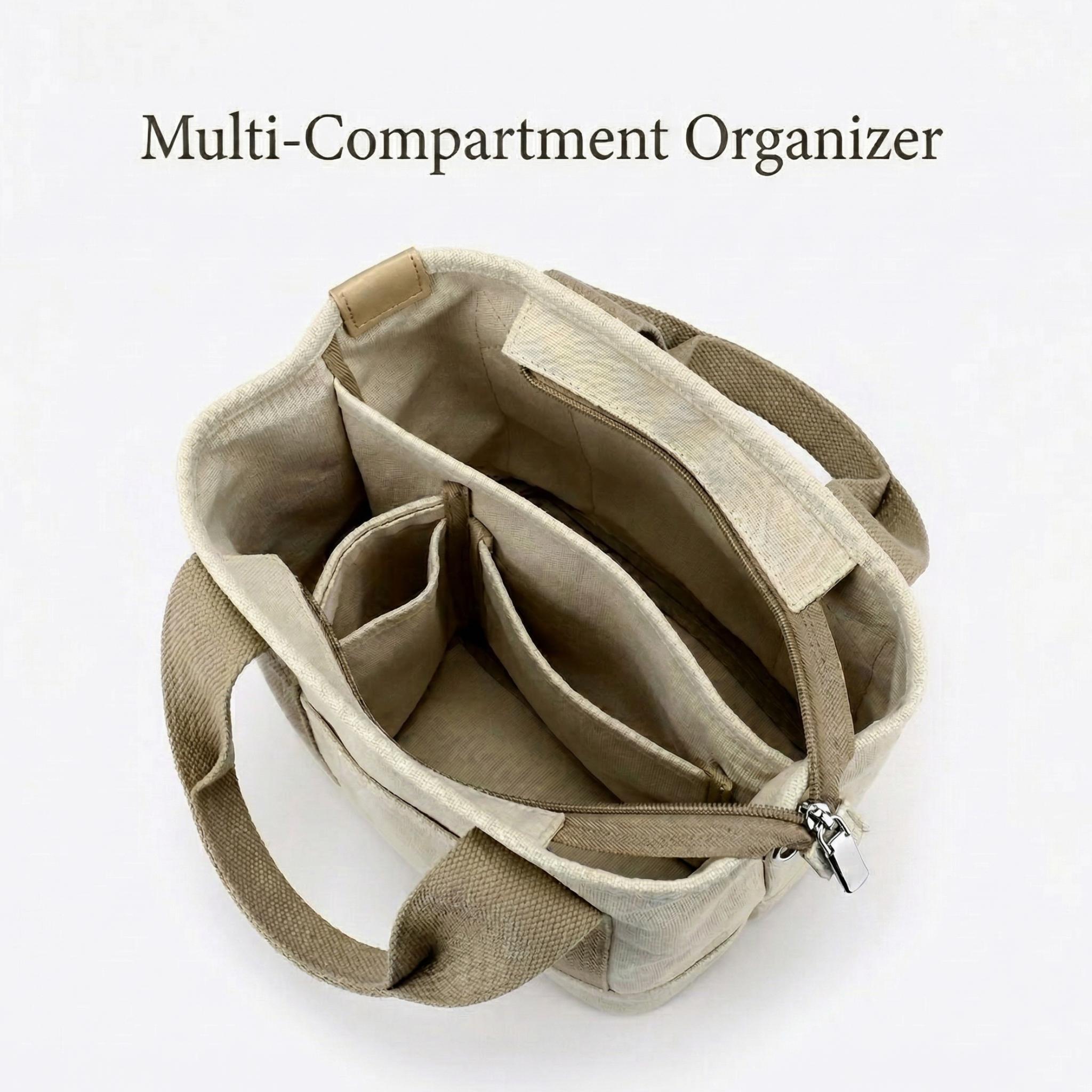 Canvas Tote Bag with Multi-Pockets, Zipper Crossbody Handbag for Women, Versatile Shoulder Purse for Daily Travel & Work, Compact Organizer Satchel