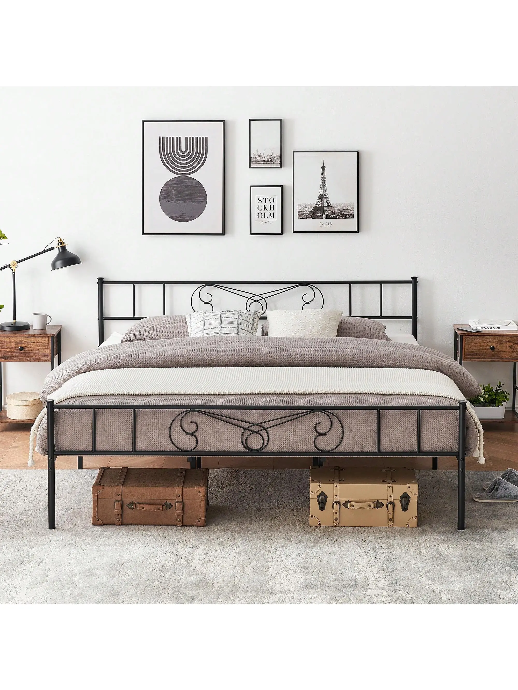 【Christmas Gift】Black Queen size bed Full Bed Frame Platform With Headboard And Footboard Metal Bed Mattress Foundation With Storage No Box Spring Needed Black