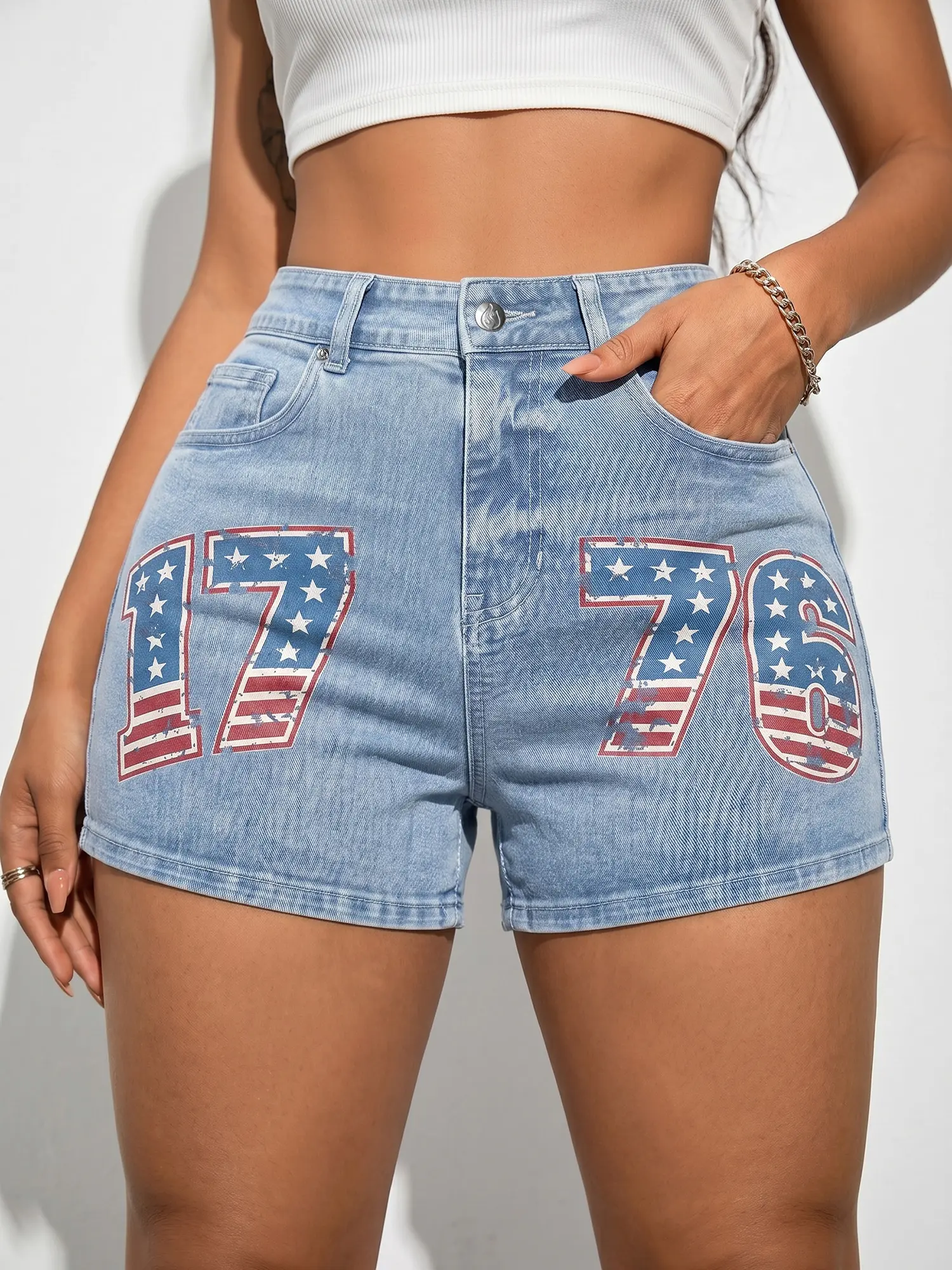 JR JEANIUS WEAR Women's Vintage Style Denim Shorts, High-Waisted Jorts with 1776 American Flag Graphics, Flattering Fit Stretch Fabric, Bottom, Fitted, Graphic Shorts, Street Wear, Jorts Shorts, Stretchy Denim Shorts