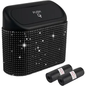 Trash Can with Lid & Rhinestones Design,Push-  Trash Bin for Storing Trashes Items &  Decor Includes 30 count Trashes Bag,Shiny  Garbage Can with  Clip for Side Door (Black )