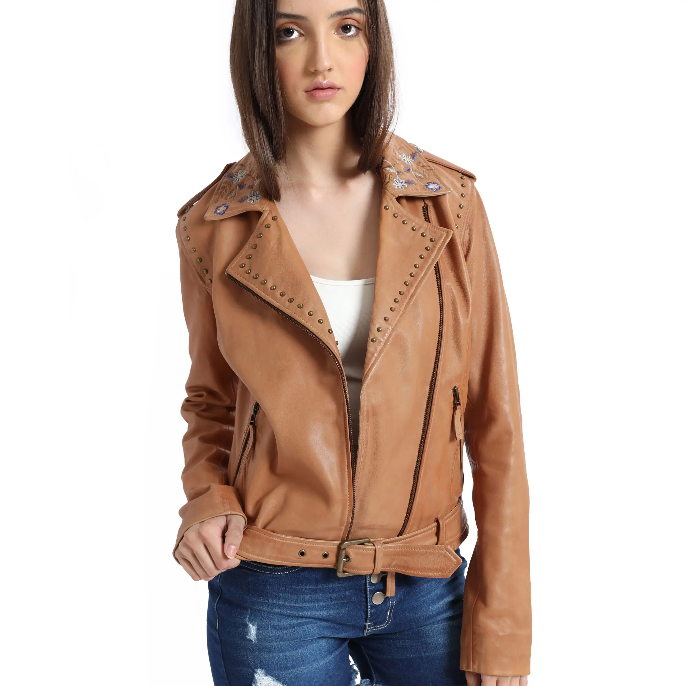 Women's Tanned Cowboy Leather Jacket, Stylish Embroidered Design with Tassel Fringe and a Front Zip Closure, Lady, Tops, Coats, Western Wear, Frill, Chic