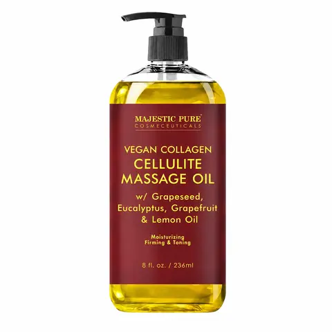 Majestic Pure Vegan Collagen-Boosting Cellulite Massage Oil - Body & Skin Care Solution for Hips, Smooths Appearance & Firms Skin, Infused with Eucalyptus, Grapeseed, Grapefruit & Lemon Oils, 8 fl oz, Smooth