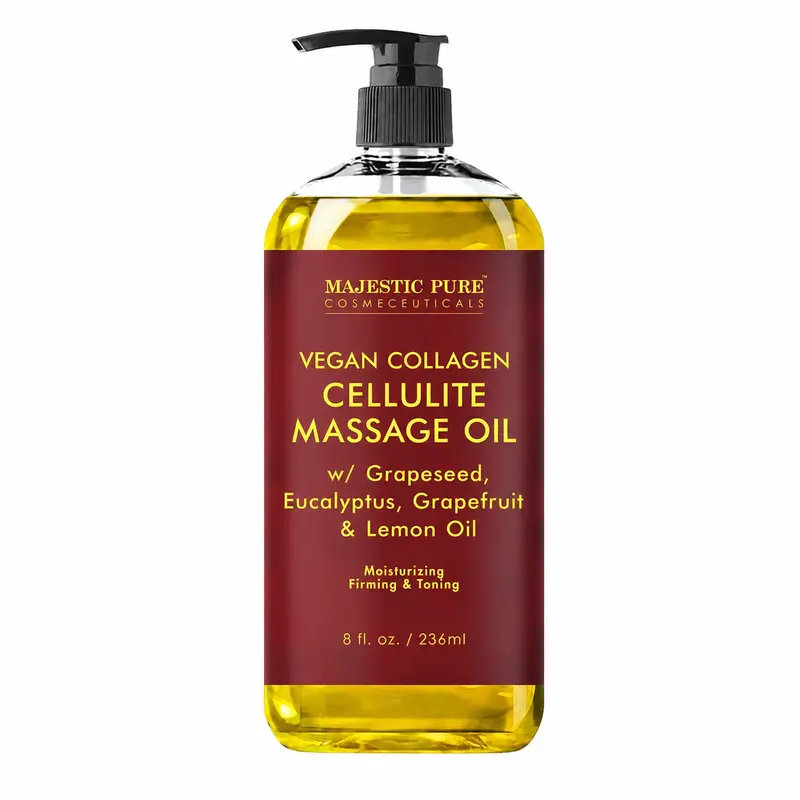 Majestic Pure Vegan Collagen-Boosting Cellulite Massage Oil - Body & Skin Care Solution for Hips, Smooths Appearance & Firms Skin, Infused with Eucalyptus, Grapeseed, Grapefruit & Lemon Oils, 8 fl oz, Smooth