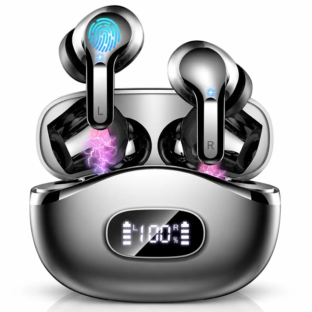 TechGlow Bluetooth Earbuds with LED Display and Fingerprint Sensor for Secure Pairing and Enhanced Audio Experience