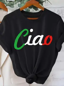 Women's "Ciao" Letter Print Round Neck Tee, Casual Short Sleeve Crew Neck T-Shirt for Summer, Fashion Women's Top for Daily Wear