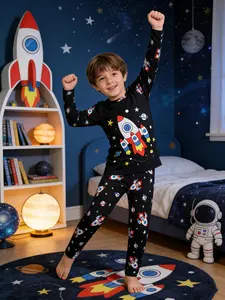 Boys' 2-Piece Cartoon Rocket Space Pattern Sleepwear Set, Spring & Fall Round Neck Long Sleeve Pajamas, Home Wear Suit, Cartoon Print Pajama