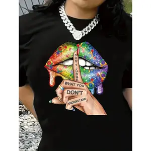 Women'S Two-Piece Outfit Featuring a Top And Shorts, Designed with a Proud Moon Rainbow Lip Print, Includes a Round-Neck Short-Sleeve T-Shirt And Matching Shorts