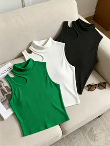 Women's Hollow Out Casual Summer Sleeveless Vest Set, Slim Fit Ribbed Knit Short Tank Tops, Summer Streetwear Layering Basics, Womenswear