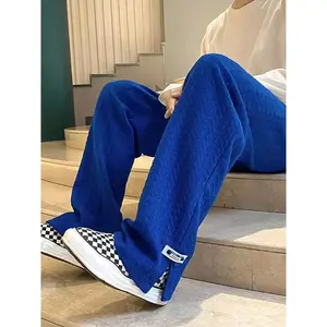 Women's Regular Fit Solid Textured Drawstring Waist Sweatpants, Casual Pocket Split Hem Straight Leg Trousers for Fall & Winter, Fashion Men's Bottoms for Daily Wear