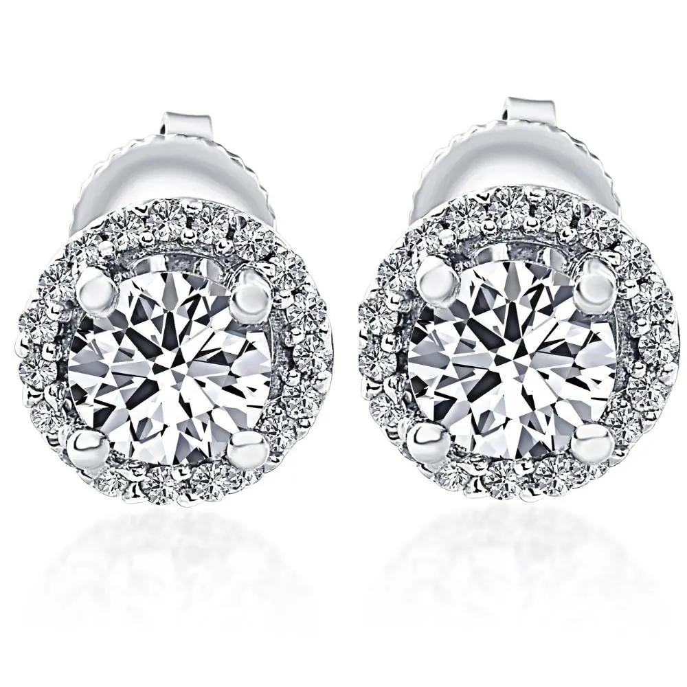 1/2 Ct Halo Diamond Studs With Screw Backs White Gold Lab Grown