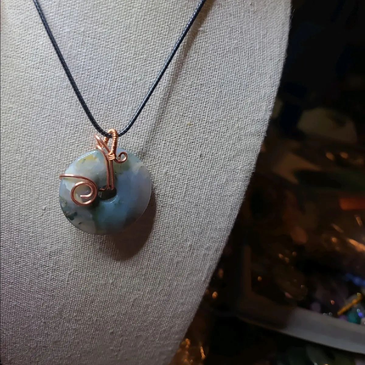 Moss Agate Crystal Pendant Wire Wrapped Fidget & Cord Necklace