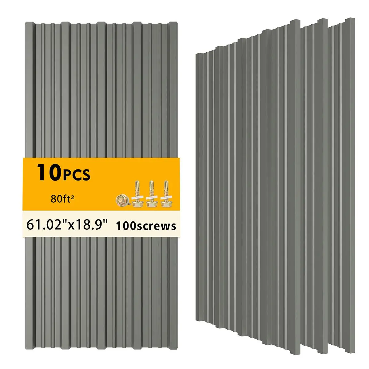 Gray Galvanized Corrugated Metal Roofing Panels (10PCS, 80ft², 61.02in×18.9in) - Screw-On Fastening Metal Building Shed Materials, Waterproof Roof Pergola, Weatherproof Outdoor Gazebo Exterior Siding