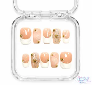 GakuNails GLOW BLOOM 10 PCS Short Square Handmade Press On 3D Flower French Tip Builder Gel selectable size Reusable Nails