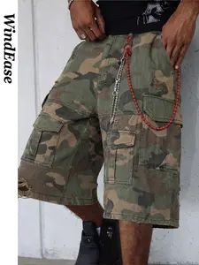 Vintage Camo Camouflage Cargo Seven-Quarter Pants, Men's Army Distressed Baggy Wide-Leg Shorts, American Streetwear Casual Multi-Pocket Denim Shorts