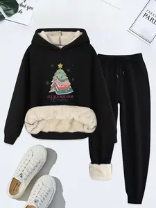 Women's Christmas Tree Print Hoodie & Drawstring Waist Sweatpants Thermal Lined Set, Casual Long Sleeve Hooded Sweatshirt & Pocket Jogger Pants, Women's Fall & Winter Clothes