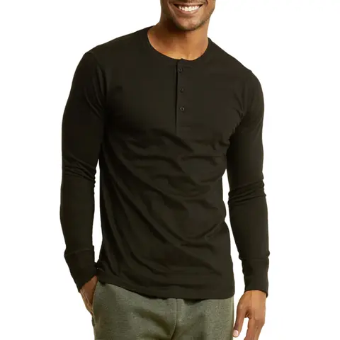 Men's Cotton Long Sleeve Henley T-Shirt - Plain, Breathable, Comfy Basic Layering Top for Regular/Big & Tall (S-3XL) - Casual Breathable Outfits Menswear Clothes for Spring