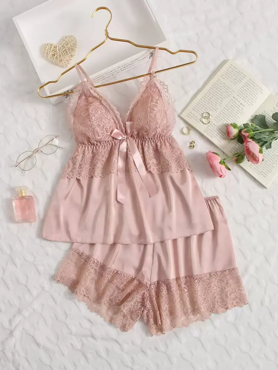 Lace Panel Bow Front Cami Top & Shorts PJ Set Pajama Set