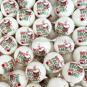 20mm Hot Cocoa Christmas Print Acrylic Bead, Christmas Beads, Bubblegum, Chunky Round, Gumball, Beading Supplies, Christmas big beads, Merry Christmas, Santa Beads
