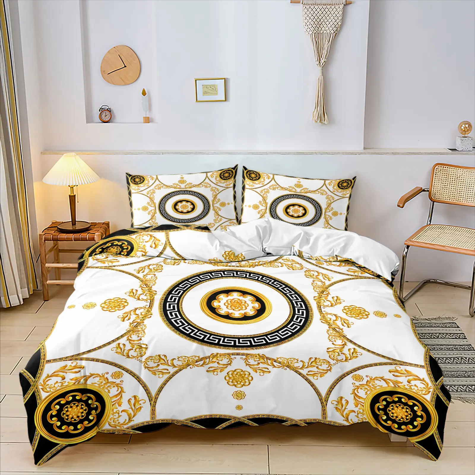 Versatile Greek Key And Gold Pattern Print, Black And Gold Color-Block Design, Skin-Friendly And Breathable Duvet Cover And Pillowcase, Suitable For Luxury Bedroom / Apartment / Homestay Full-Scenario Use, Thoughtful And Practical Holiday Gift.