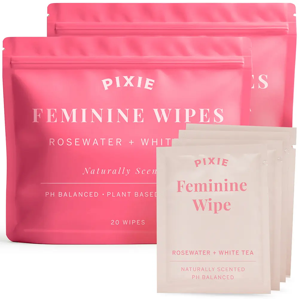 Pixie Feminine Wipes – Naturally Scented Rosewater + White Tea – Flushable, Biodegradable & pH Balanced – Individually Wrapped Wipes for On-The-Go – Cleaner for Menstrual Cups & Discs (2 Packs of 20)