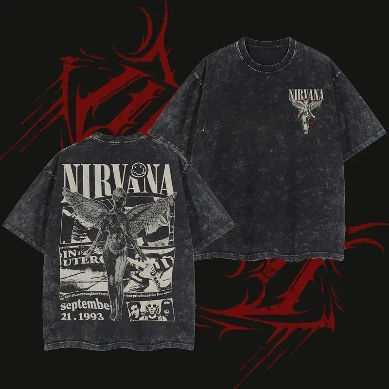 100% Cotton Wash T-shirtRetro Limited Nirvana Band Tour Black 2-Sided Vintage Tee Graphic Unisex Oversize Rock Band Washed Heavyweight Cotton T-shirt Gift For Rock Music Lovers Vintage Band Shirts Casual Fabric Fit Top Womenswear Streetwear