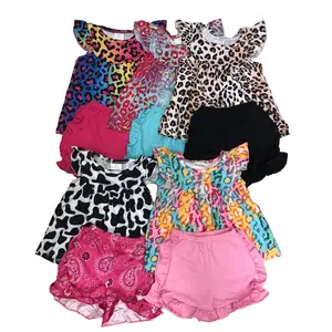 Girl Summer Outfit Leopard Girl Summer Shorts Set  Flutter Sleeve Cloths