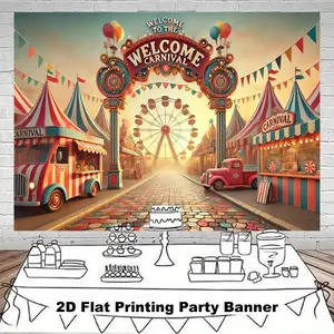 2D Flat, 1pc Carnival Party Banner - Vibrant 2D Flat Printing Backdrop with Ferris Wheel, Striped Tents & Food Stalls, Polyester Home Decor for Weddings, Birthdays, Anniversaries, Outdoor Events, Carnival Party Decorations, Best for Christmas, Perfect