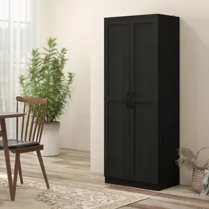 63" Freestanding 2-Door Kitchen Tall Cupboard, Cinnamon Black Wood Grain Cabinet with 2 Adjustable Shelves for Dining Room