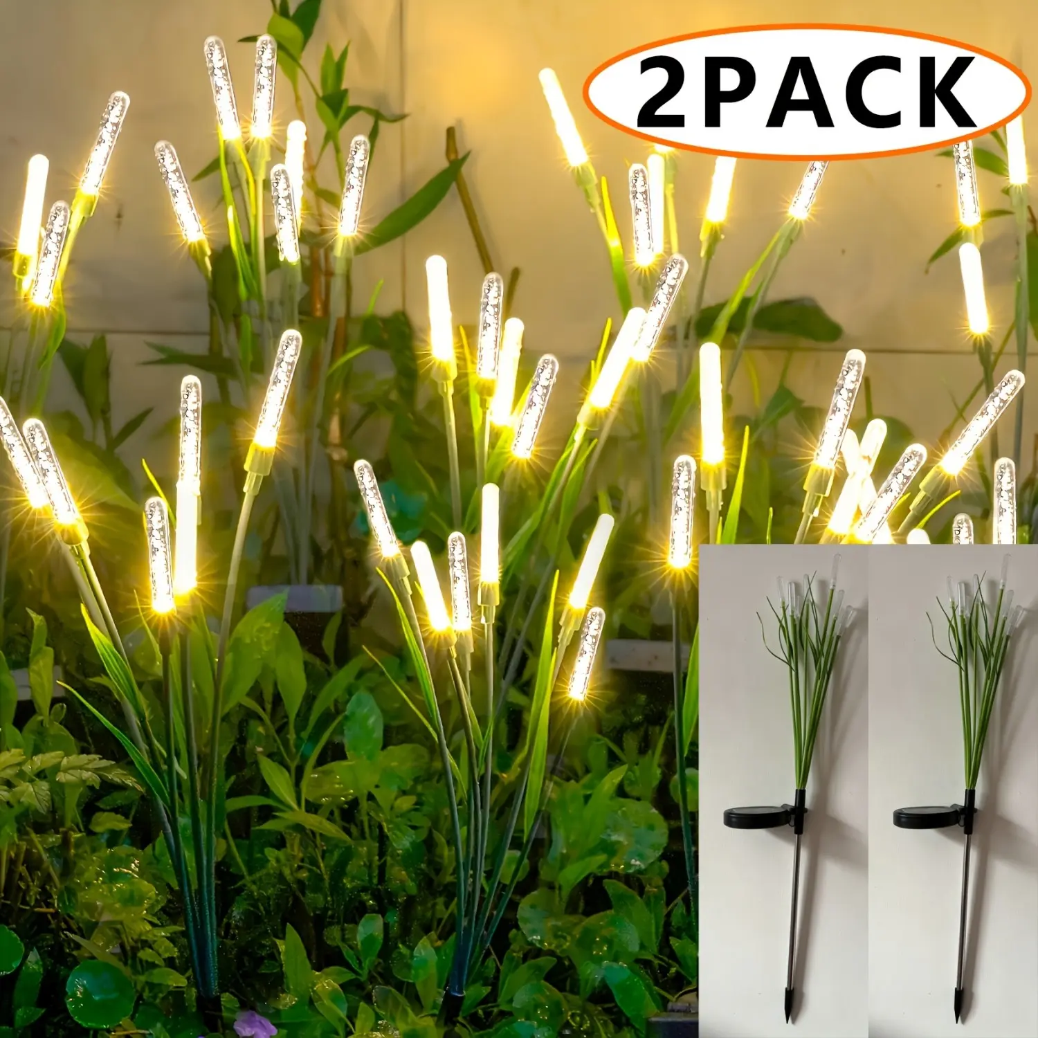 2 solar-powered outdoor decorative lights, reed lights, outdoor garden lights with warm color, firefly lights, lawn lights, perfect for gardens, streets, parks, camping, festivals, and weddings, IP44 splash-proof