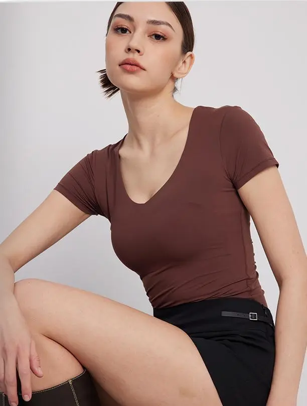 PUMIEY Snatched V Neck Fitted T-Shirt, Double Layer Not See-Through, Buttery Soft Stretch Tee, Minimal Everyday Essential PUMIEY Snatched V Neck Fitted T-Shirt, Double Layer Not See-Through, Buttery Soft Stretch Tee, Minimal Everyday Essential