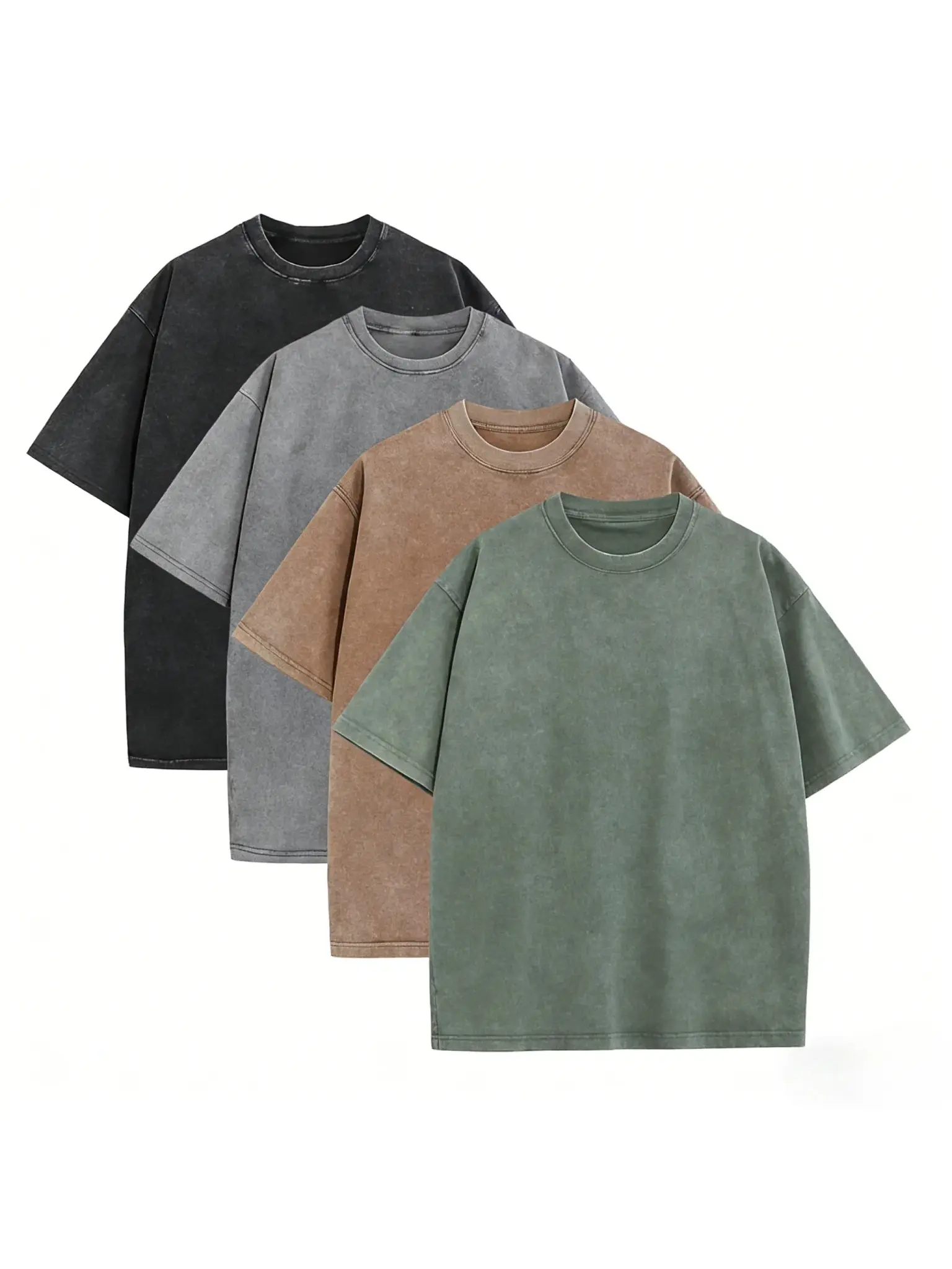 Men's 4-Pack 100% Cotton Vintage Washed Solid Black Oversized Short-Sleeve T-Shirts - Aesthetic Basic Top, Breathable Casual Streetwear, Father's Day Gift