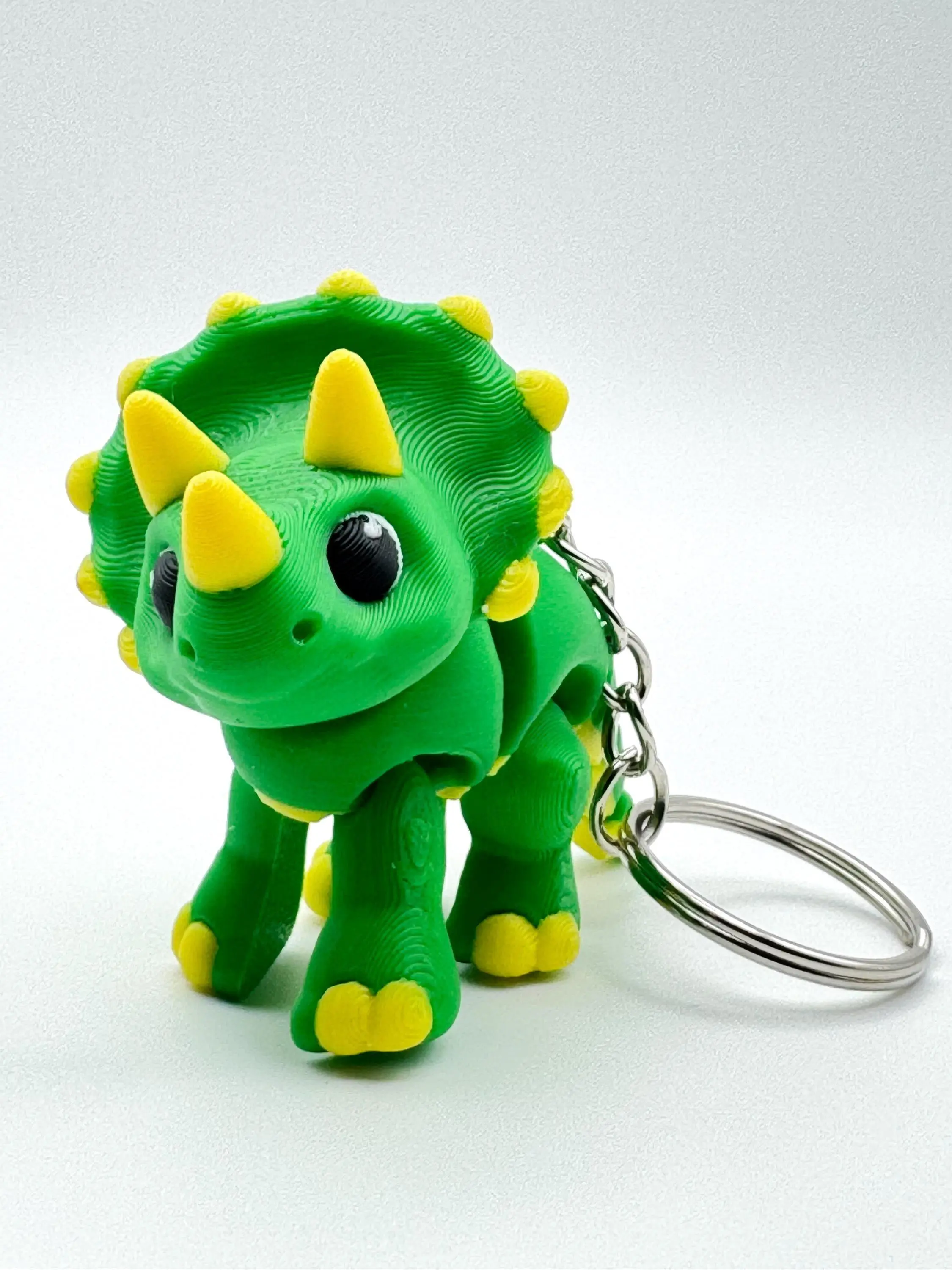 Triceratops w/ Keychain - Articulated Triceratops Keychain - 3D Printed Green Dinosaur Charm - Poseable Desk Accessory - Ages 14+