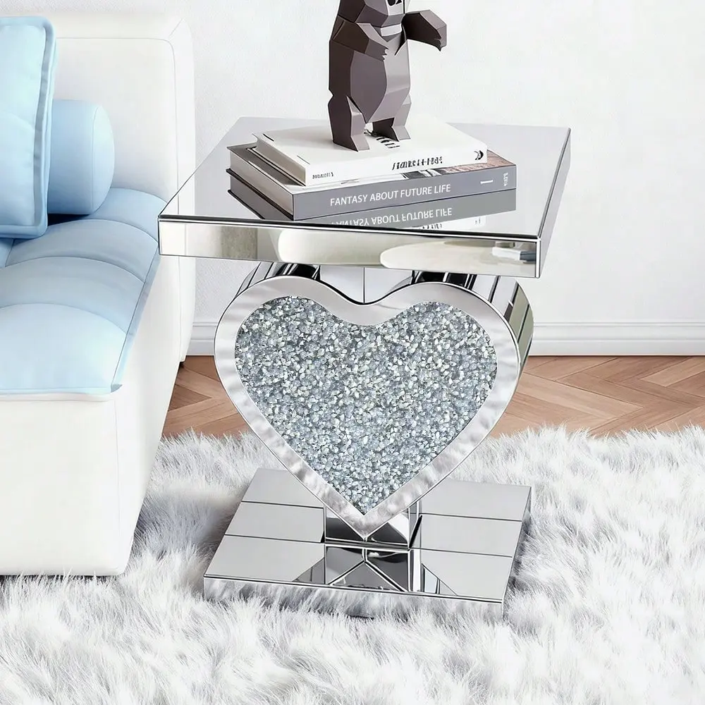 23.6" Heart Shaped Mirrored End Table, Glam Crushed Diamond Inlay Silver Accent Side Table for Living Room Bedroom Decor