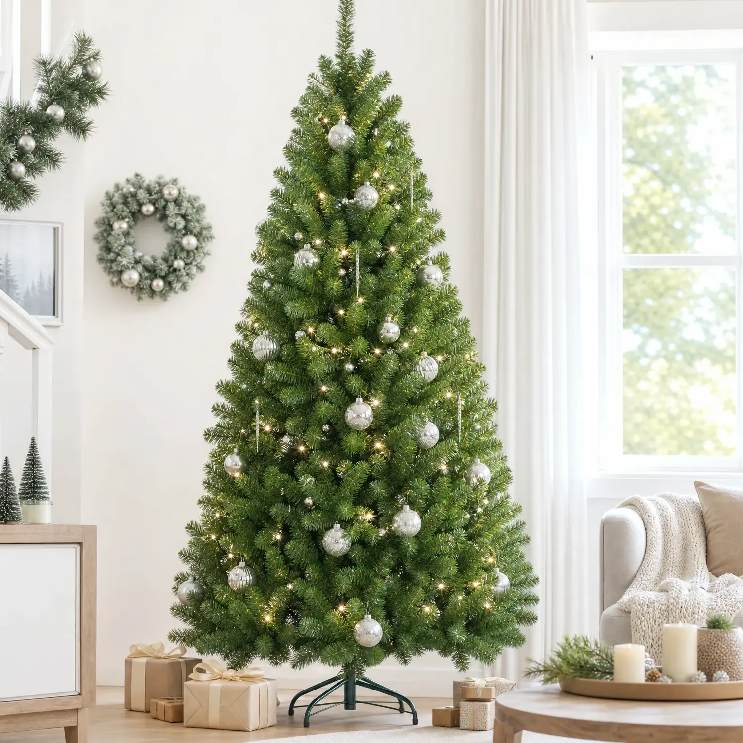 Classic Unlit PVC Artificial Christmas Tree, 6-9FT Premium Solid Full Spruce Xmas Tree with Hinged Branches, Round Foldable Base, High Tips Count, Easy-Setup Holiday Decor for Home, Office