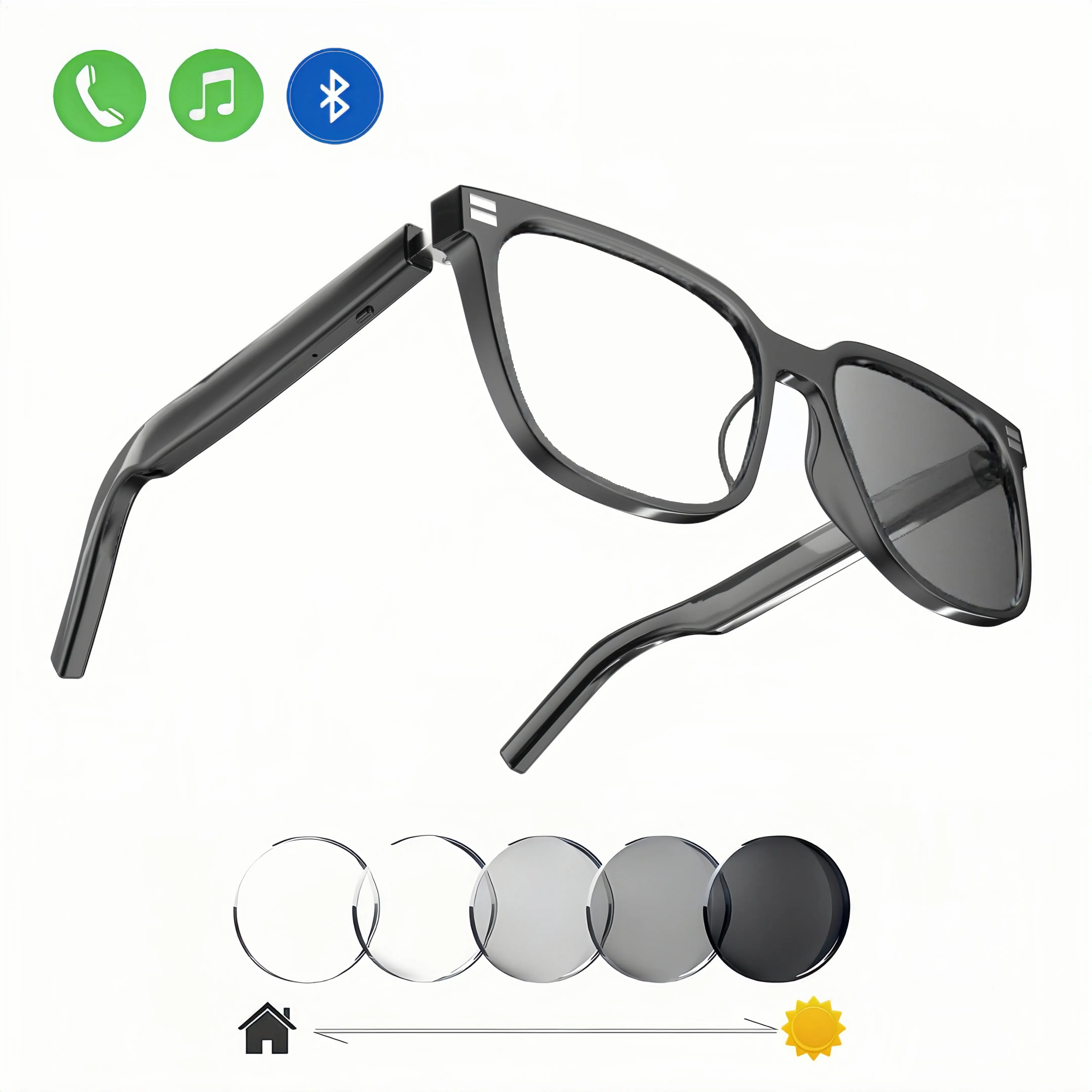 Oversized frames Bluetooth audio smart glasses with photochromic lenses that darken in sunlight, surround sound and wireless microphones
