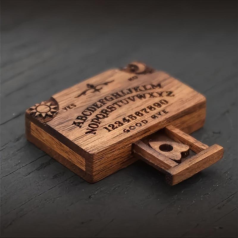 Wooden Mini Spirit Board with Storage Drawer, Gothic Letters and Numbers, Sunburst Design, Decorative Ouija-Style Home Ornament