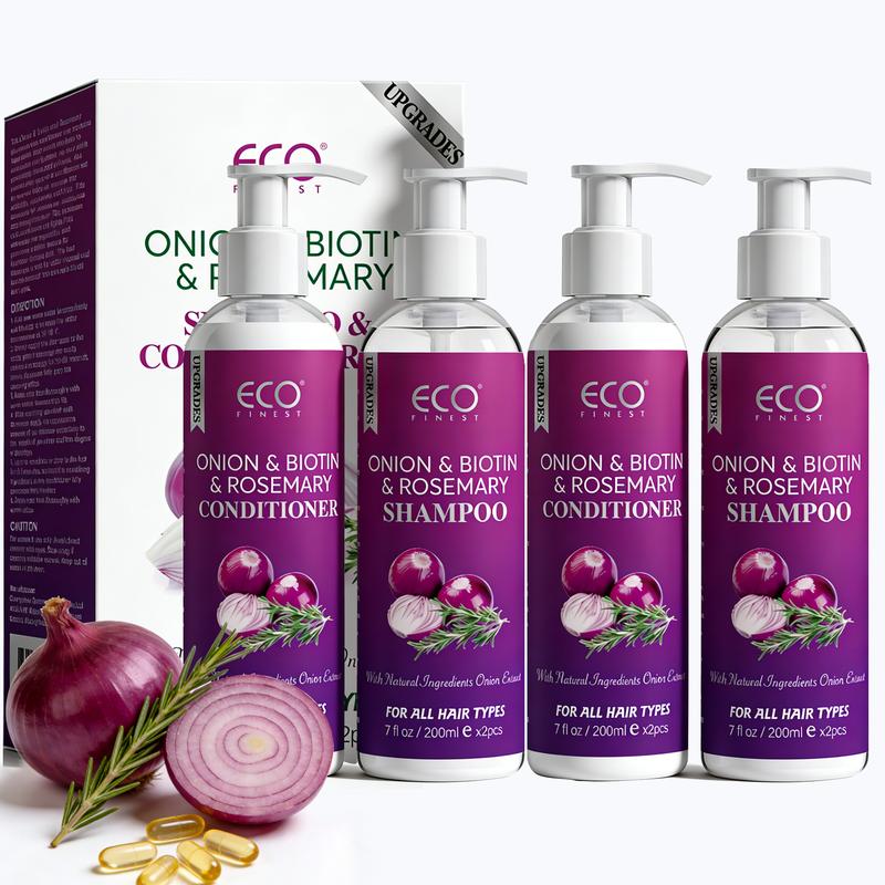 ECO Finest Onion and Rosemary Biotin Shampoo and Conditioner Set, suitable for all hair types, moisturizing formula, paraben-free, 800ml total.