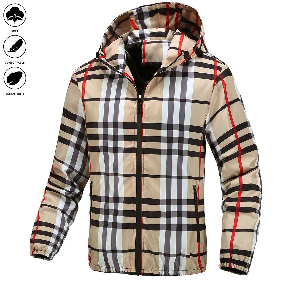 Men's jacket - Full zipper design, with pockets, casual style, perfect for autumn/winter wear, hooded collar, regular cut, checkered pattern, men's jacket.