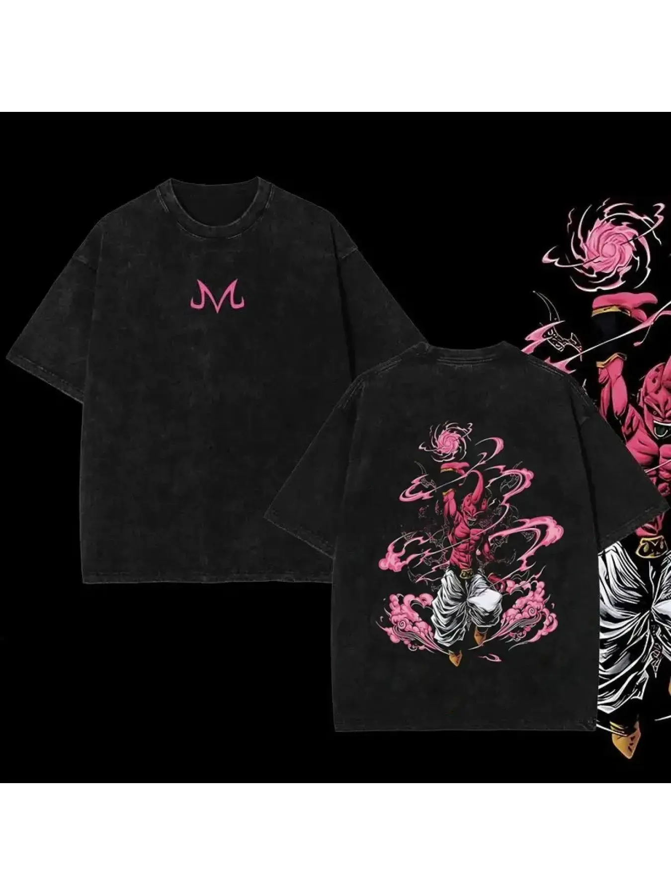 Men's Vintage Washed Majin Buu Inspired Graphic T-Shirt - Oversized Baggy Round Neck Short-Sleeve, Anime Fan Gift, Cool Casual Streetwear Top