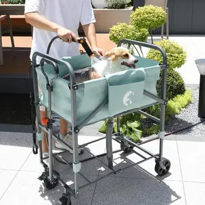 Folding Dog Bath Tub for Small & Medium Dogs – Portable Pet Washing Station with 4-Level Adjustable Height, 360° Swivel Wheels & Brakes, Indoor/Outdoor Shower Grooming Cart, Green/Grey