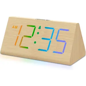 Wooden Digital  Clock for Bedroom - RGB Electric Desk Clock with Large Numbers, USB Port, Loud  for Heavy Sleepers, Dimmer and Volume Control, Snooze,  Decor, Adapter