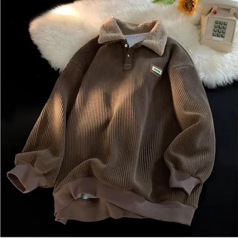 Corduroy Polo Collar Sweater Couple Loose autumn and winter style Vintage streetwear vacation Winter outfits Fit Top For Outerwear Classic clothing Christmas gift Machine Washable Long Sleeve Sweatshirt Casual Basic Fashion Beige