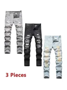 3pcs Straight-Leg Jeans - All-Season Machine Washable Grey, Black And Blue Trousers Men's Pants Fashion Classic Menswear