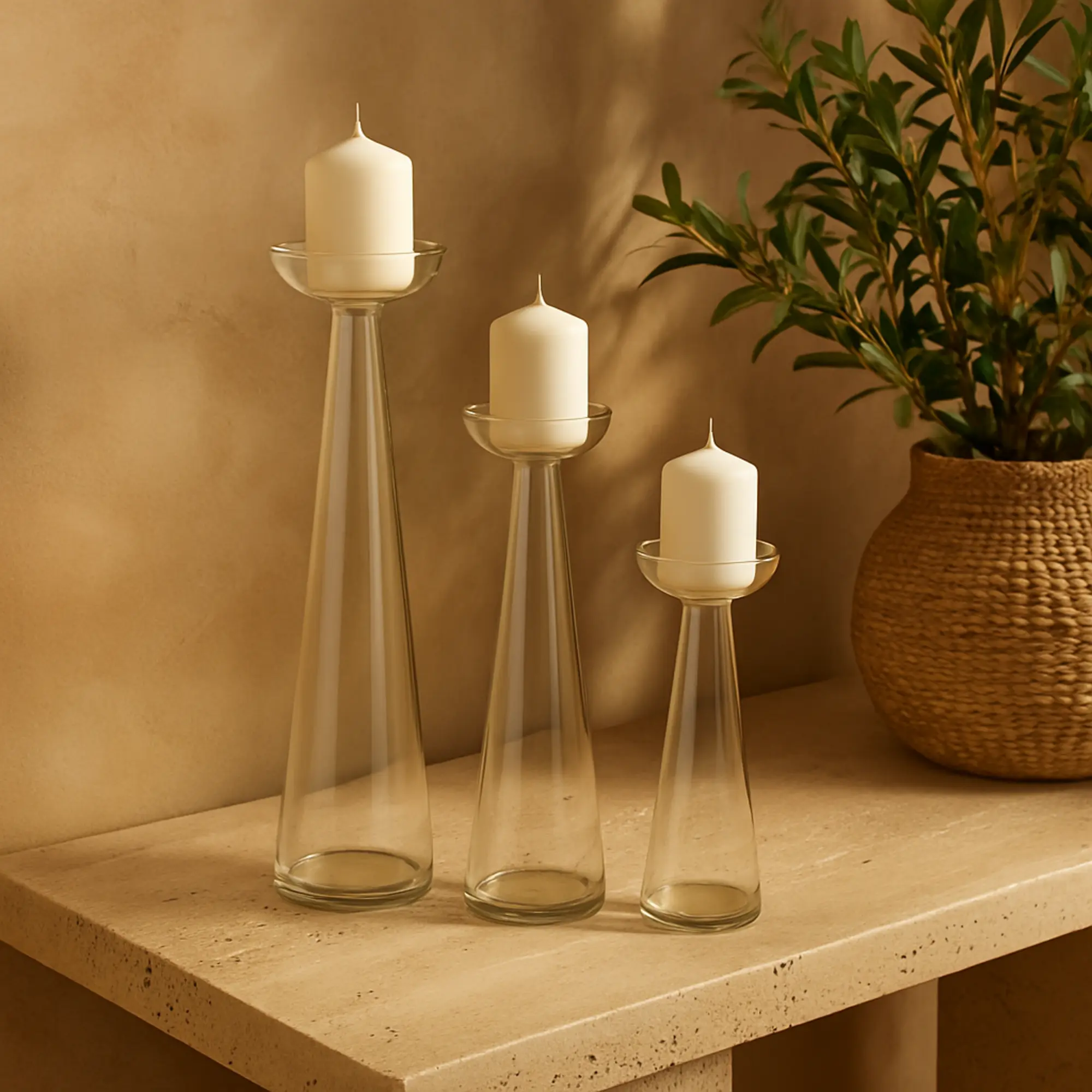 Set of 3 Glass Tapered Cone Decorative Candle Holder with Rounded Candle Plates