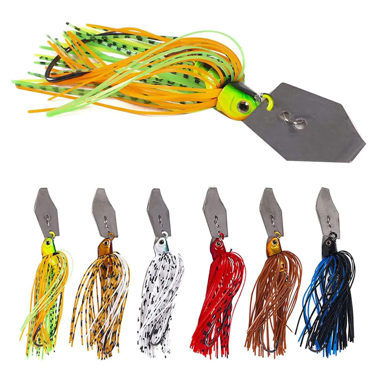 6-Piece High-Quality Fishing Lures Set - Bladed Spinner Jigs, Flipping Swim Chatter Baits with 10cm Realistic Heads, Bright Mixed Silicone Skirts, Metal Body, Ideal for Clean Water, Low Visibility, Prevents Fish Detachment for Bass, Snakehead