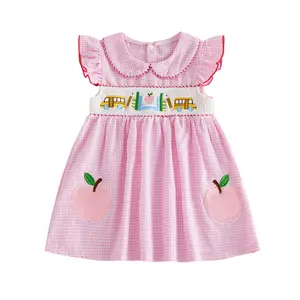 Little Girl Back to School Outfit Apple Short Sleeve Plaid Dress First Day of School Class Clothes